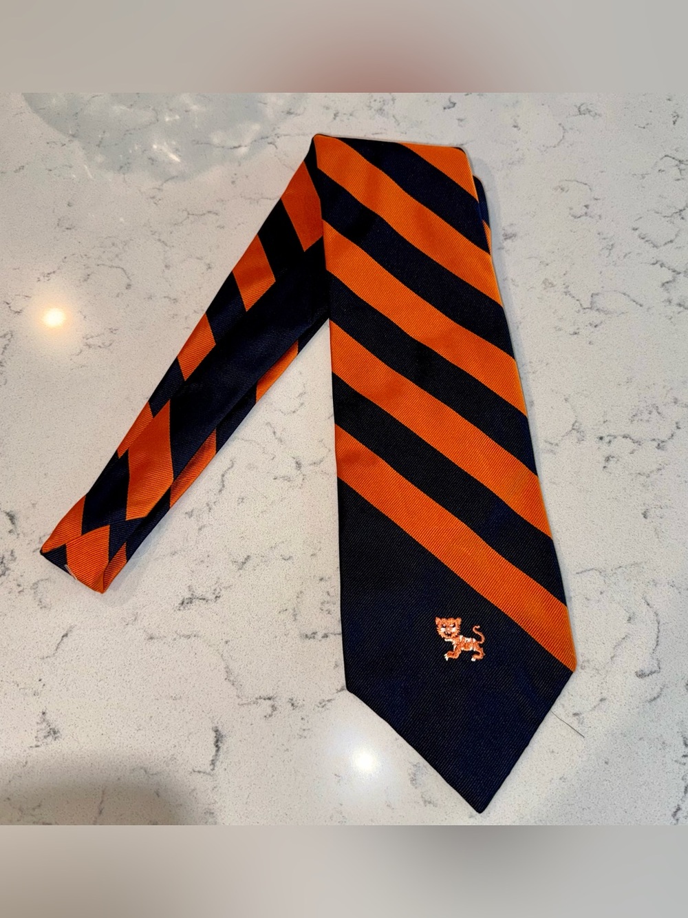 Auburn Vintage Pulitzer Striped Orange/Blue Mens Silk Tie with Embroidered Tiger